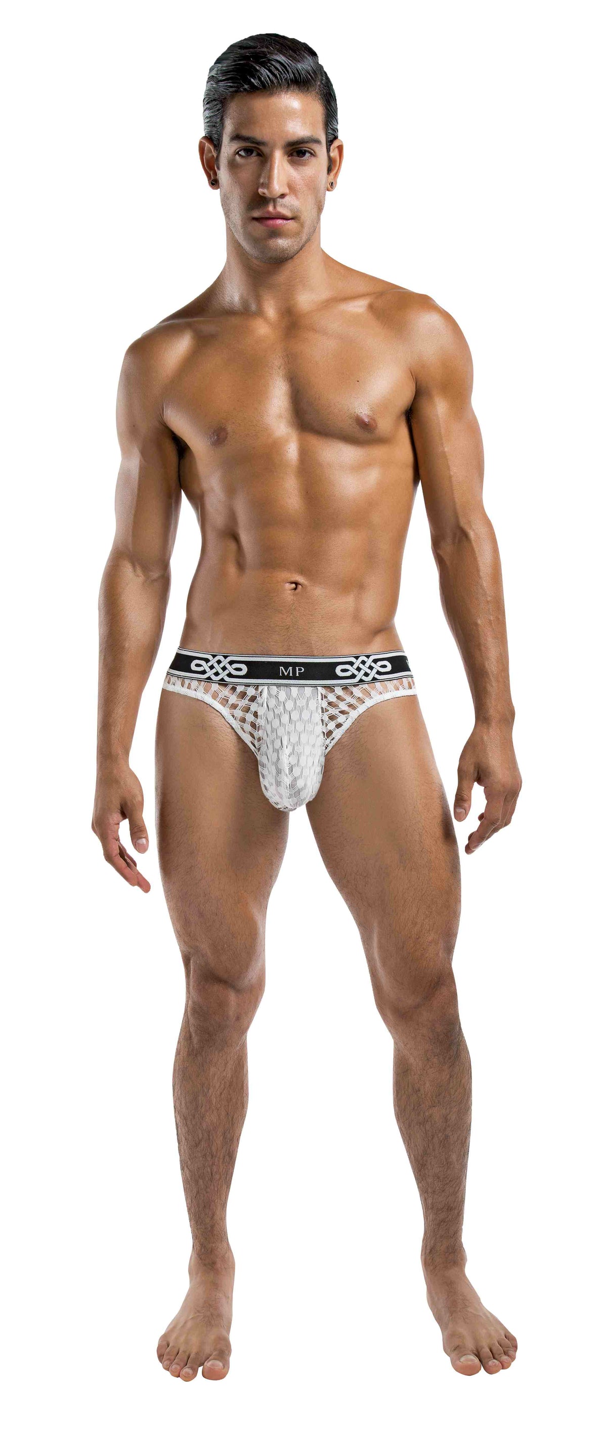 Male Power Peep Show Low Rise Thong White Small to Medium showcased on a model with a confident pose.