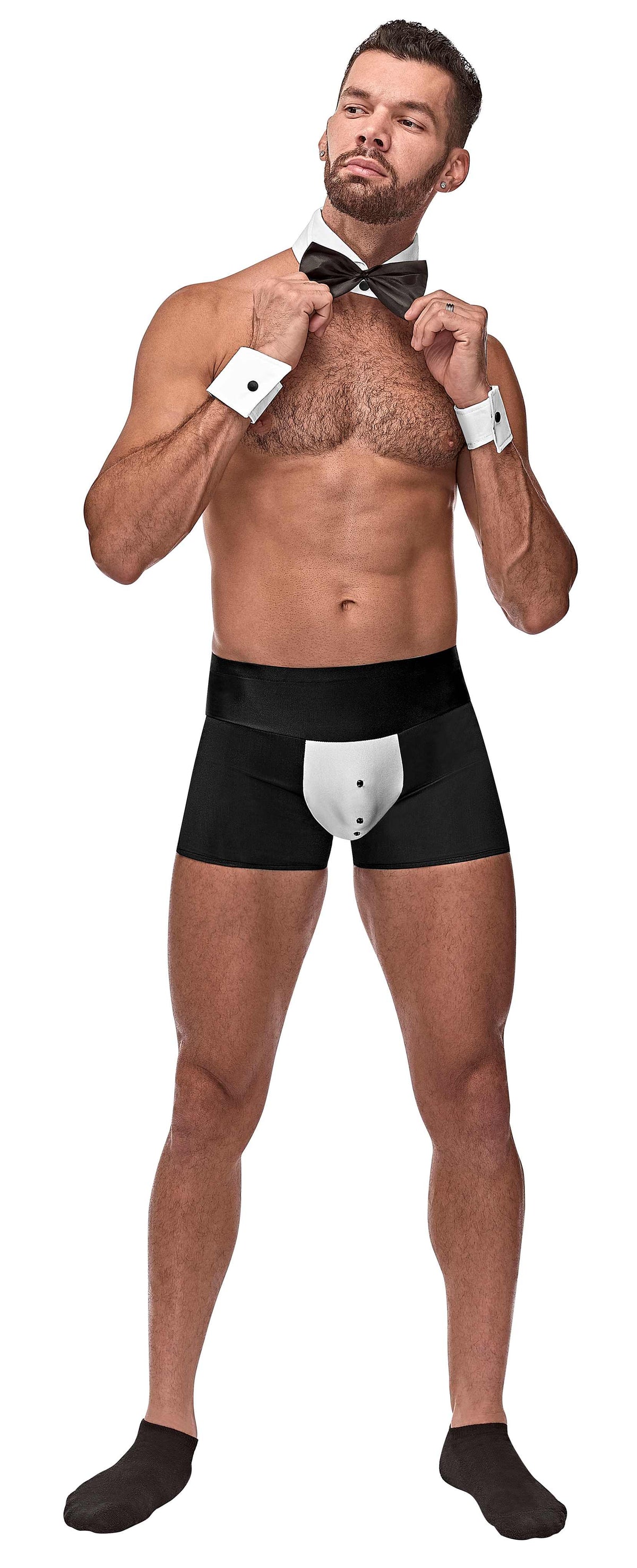 Male Power Butt-ler Men's Bedroom Costume Black L/XL shown on a model adjusting his bow tie and cuffs.