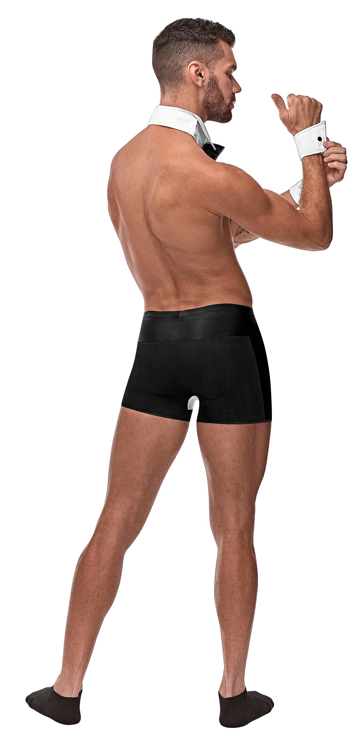 Male Power Butt-ler Men's Bedroom Costume Black L/XL featuring a model in boxer shorts, cuffs, and bow tie.