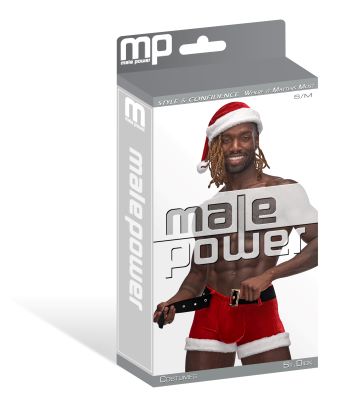 Male Power St Dick Santa Costume Shorts Red S/M packaging featuring a model wearing the festive outfit with Santa hat.