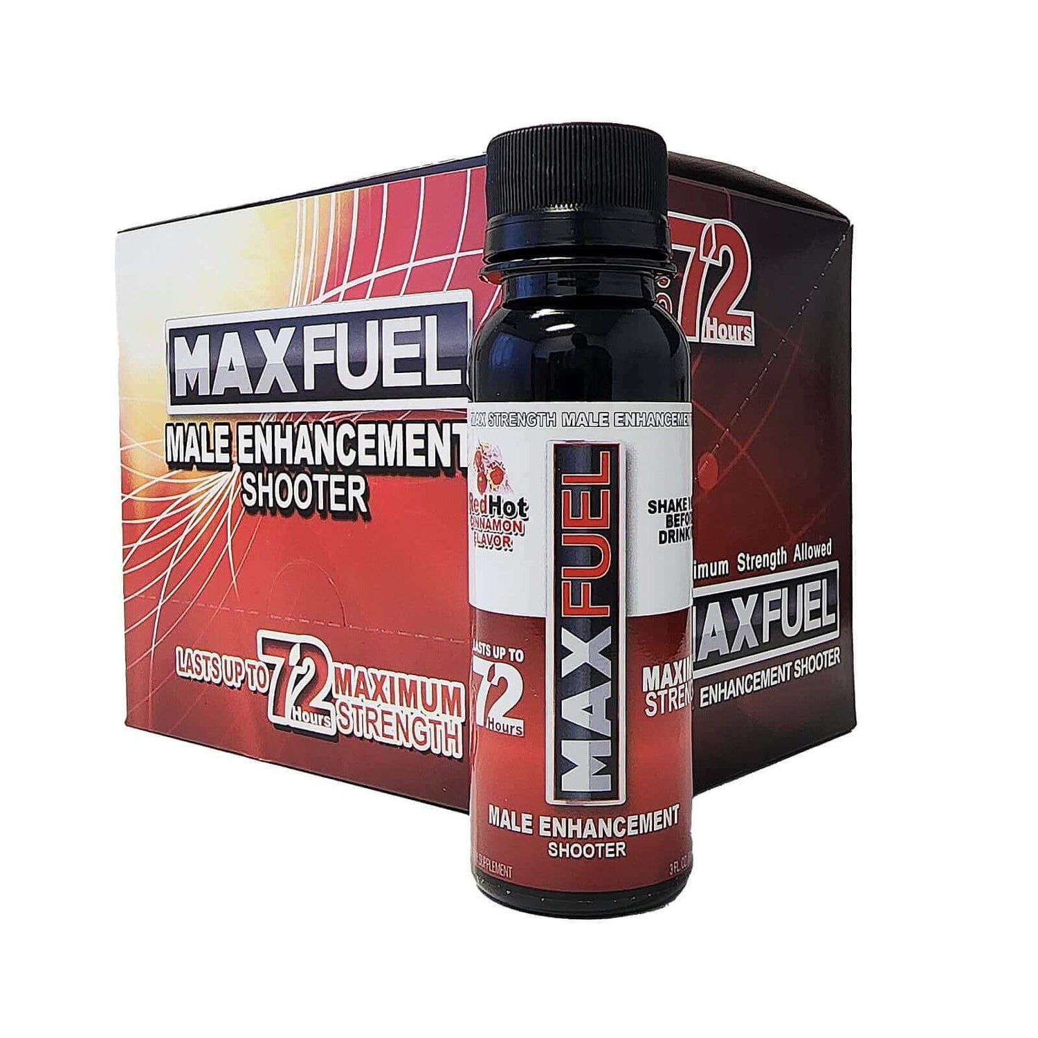 MaxFuel RedHot Cinnamon Male Enhancement Shooter bottle packaging for stamina and sexual performance.