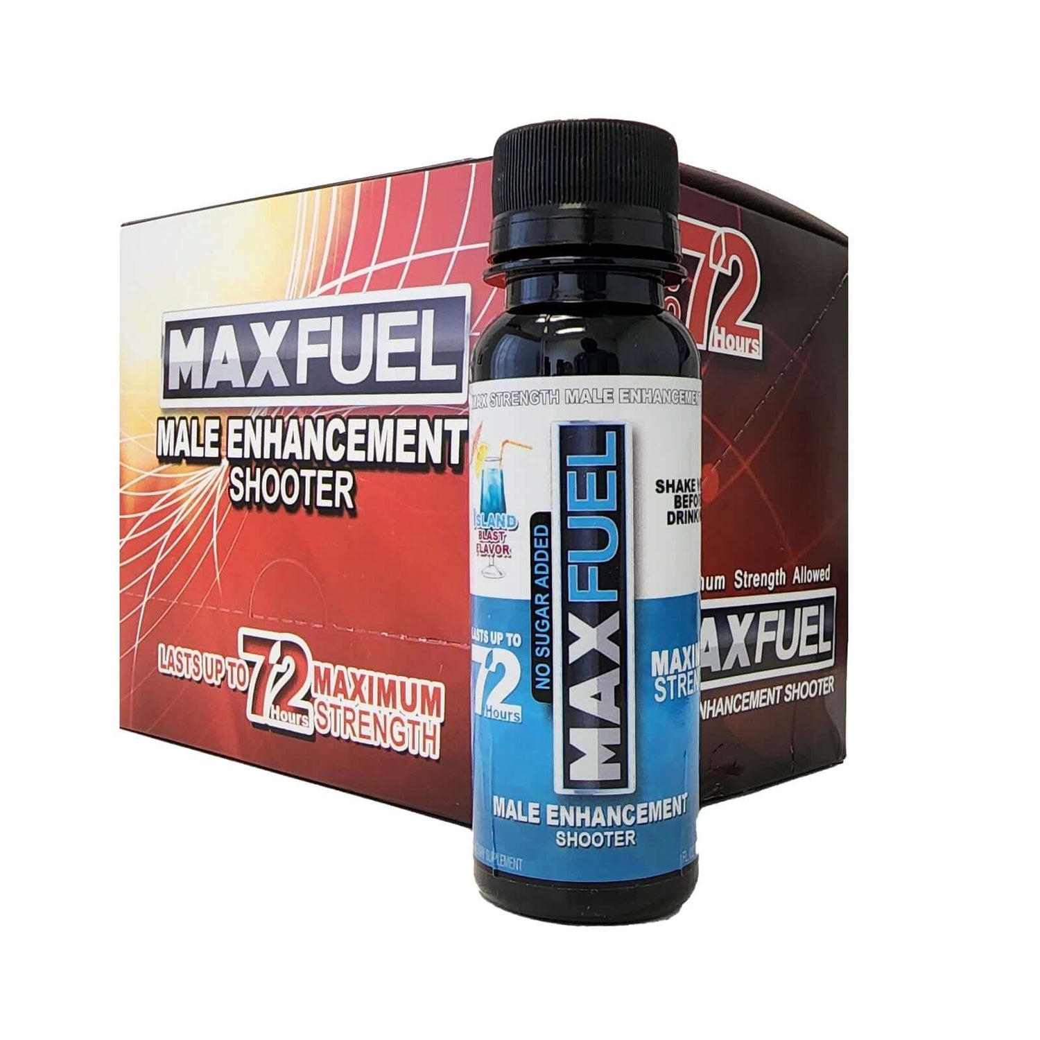 MaxFuel Island Blast Male Enhancement Shooter in a display box, designed to boost stamina and testosterone, 3 fl oz bottle.