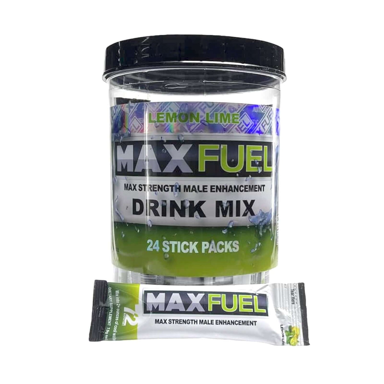 MaxFuel Lemon Lime Drink Mix pack with 24 stick packs for male enhancement, caffeine-free and portable.