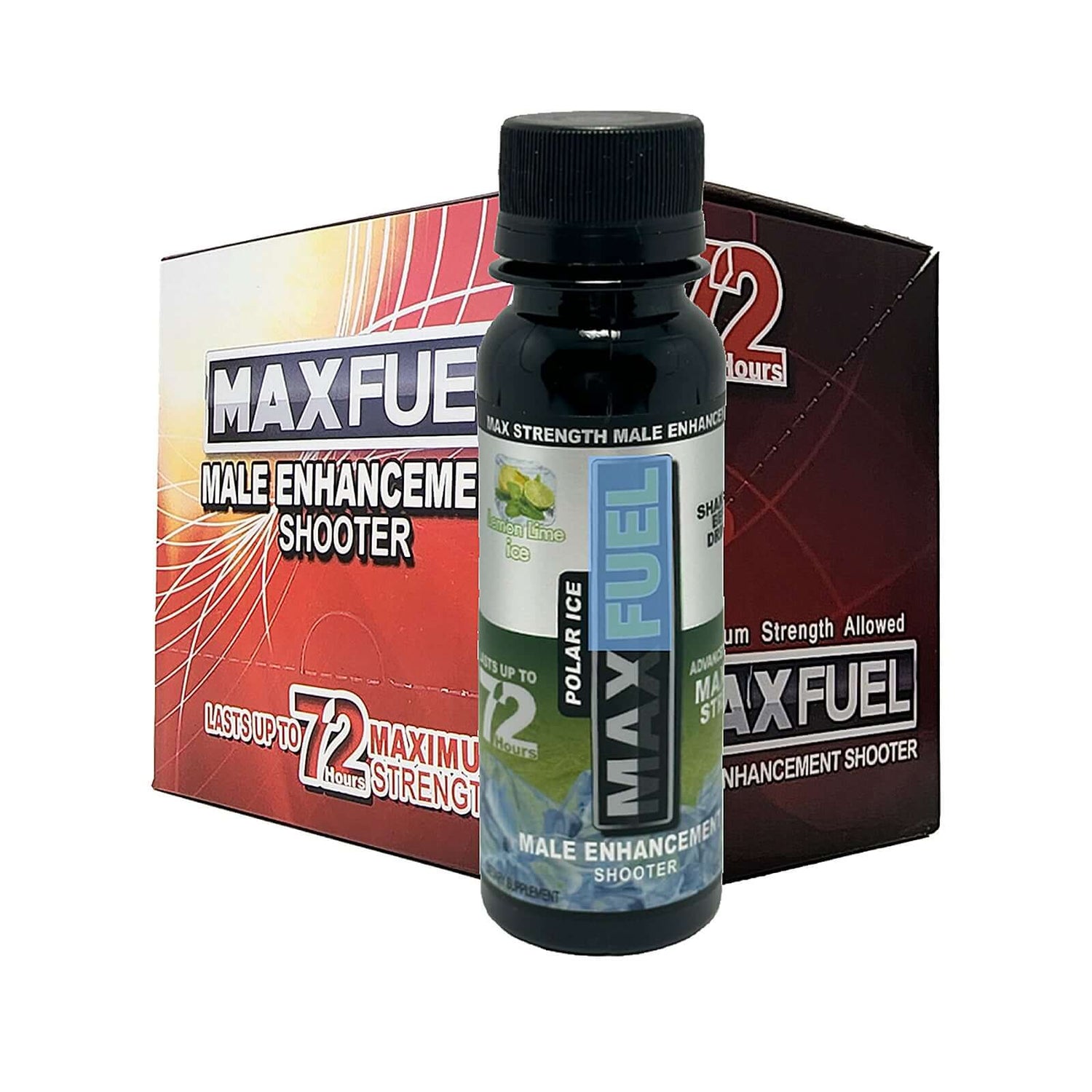 MaxFuel Polar Ice Male Enhancement Shooter bottle with packaging, Lemon Lime Ice flavor, 12-count display.