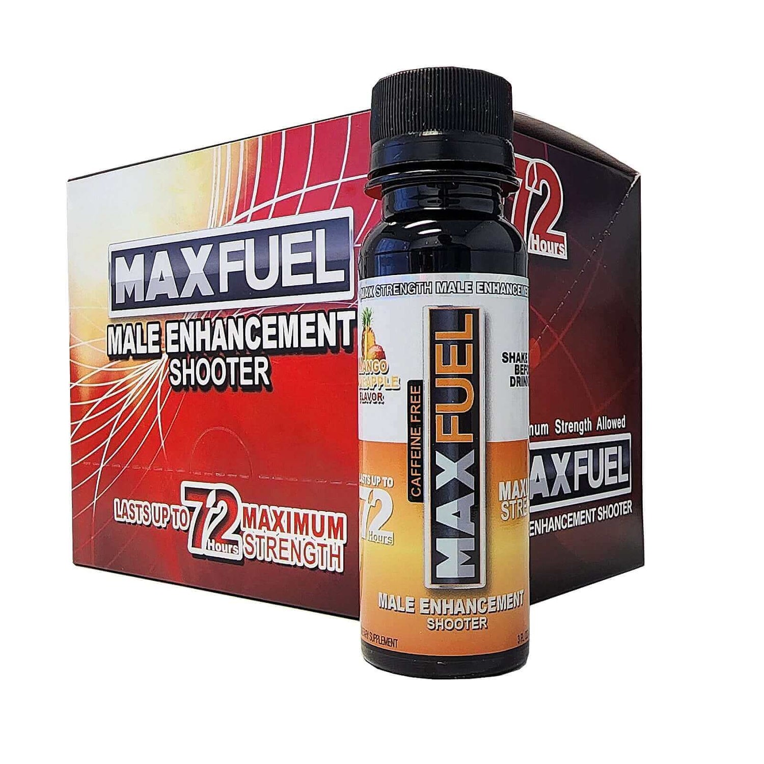 MaxFuel Mango Pineapple Male Enhancement Shooter bottle and box, boosts stamina and testosterone in a 3 fl oz shooter.