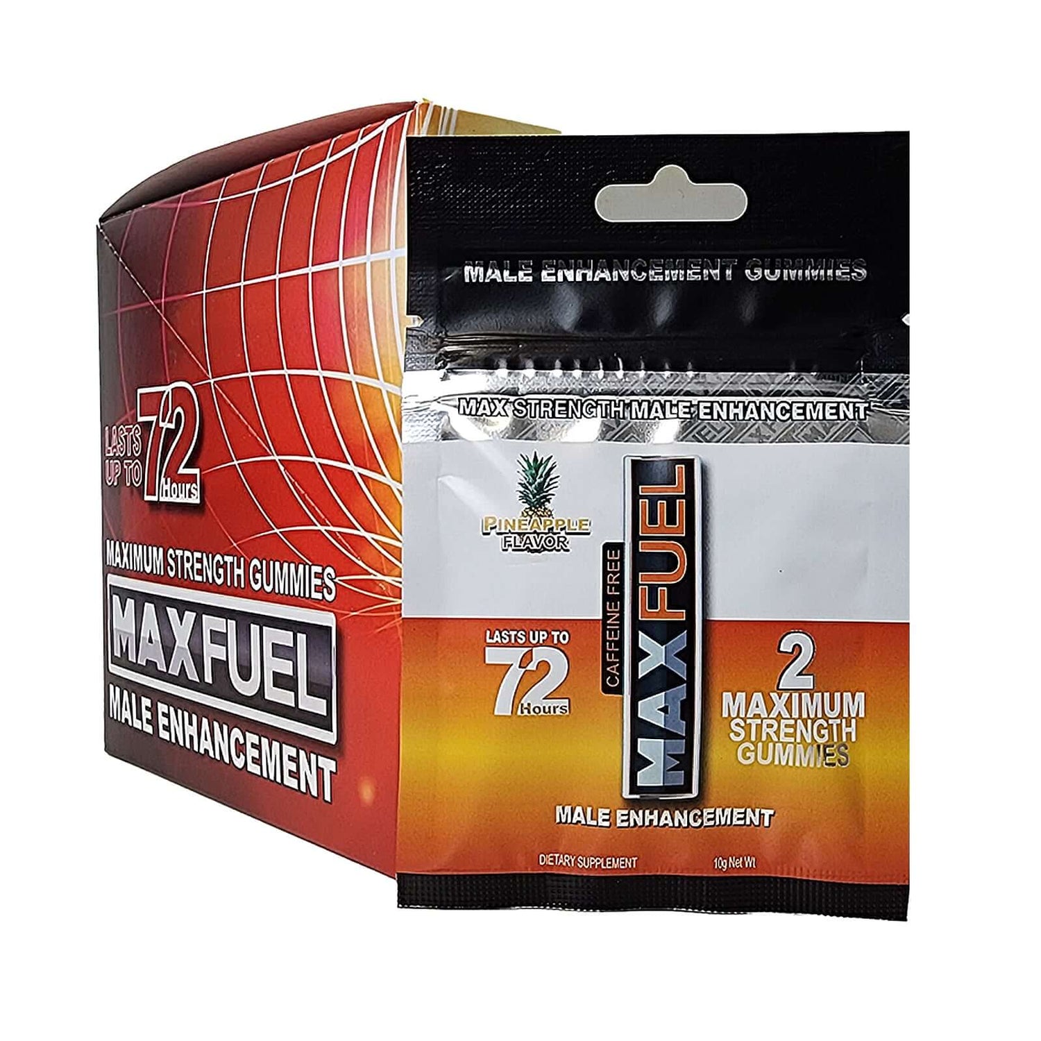 MaxFuel Pineapple Male Enhancement Gummies packaging, claiming enhanced performance lasting up to 72 hours.