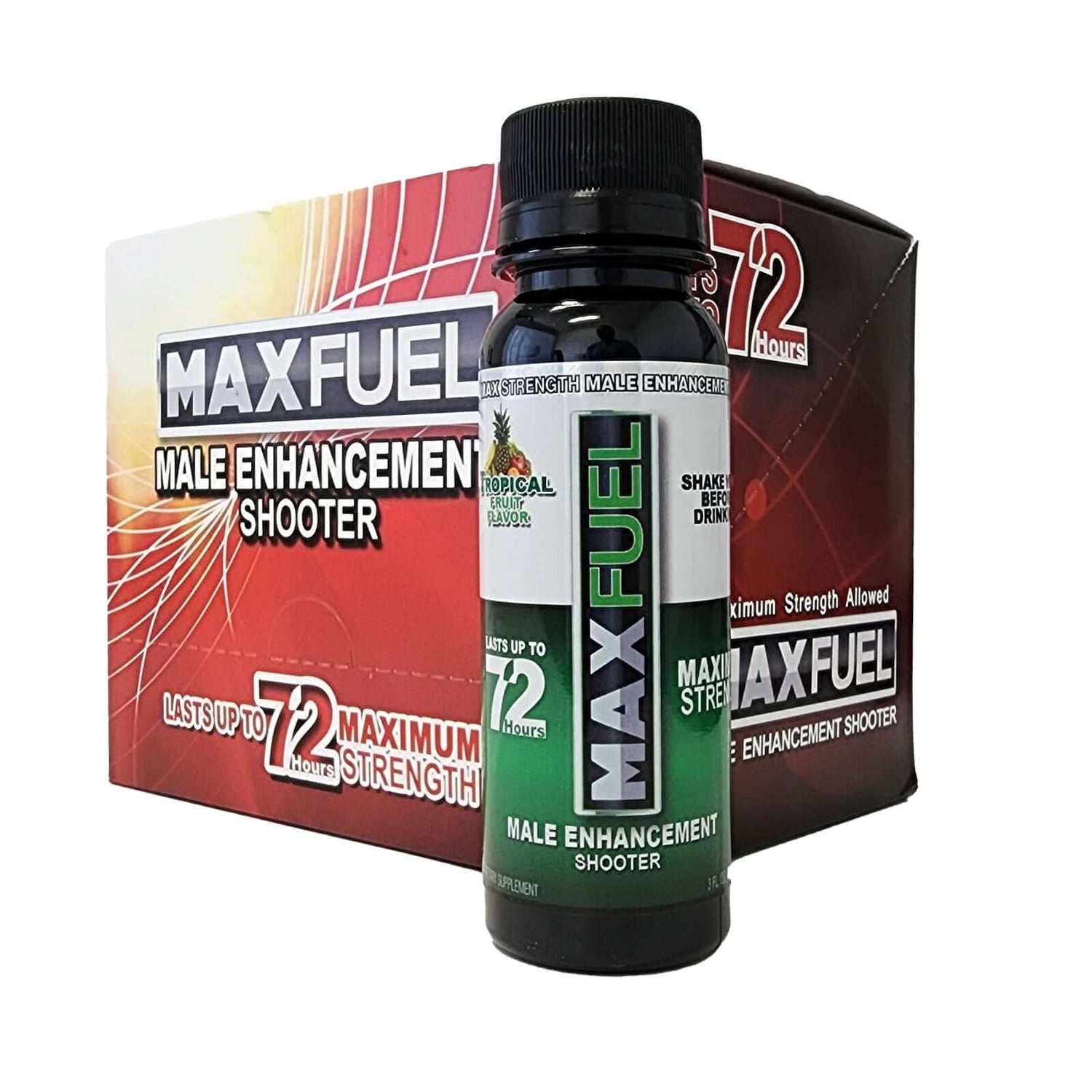 MaxFuel Tropical Fruit Male Enhancement Shooter with box, enhancing stamina and testosterone, 3 fl oz bottle.