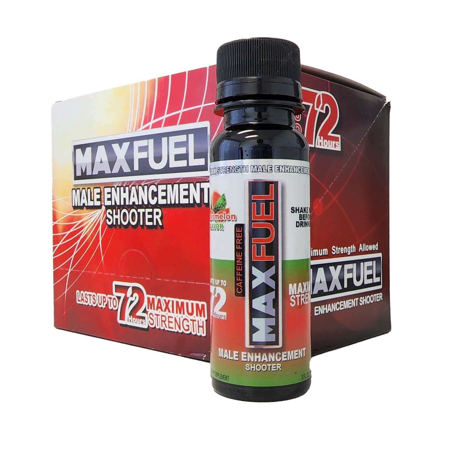 MaxFuel Watermelon Male Enhancement Shooter bottle with packaging, boost stamina and performance, caffeine-free.