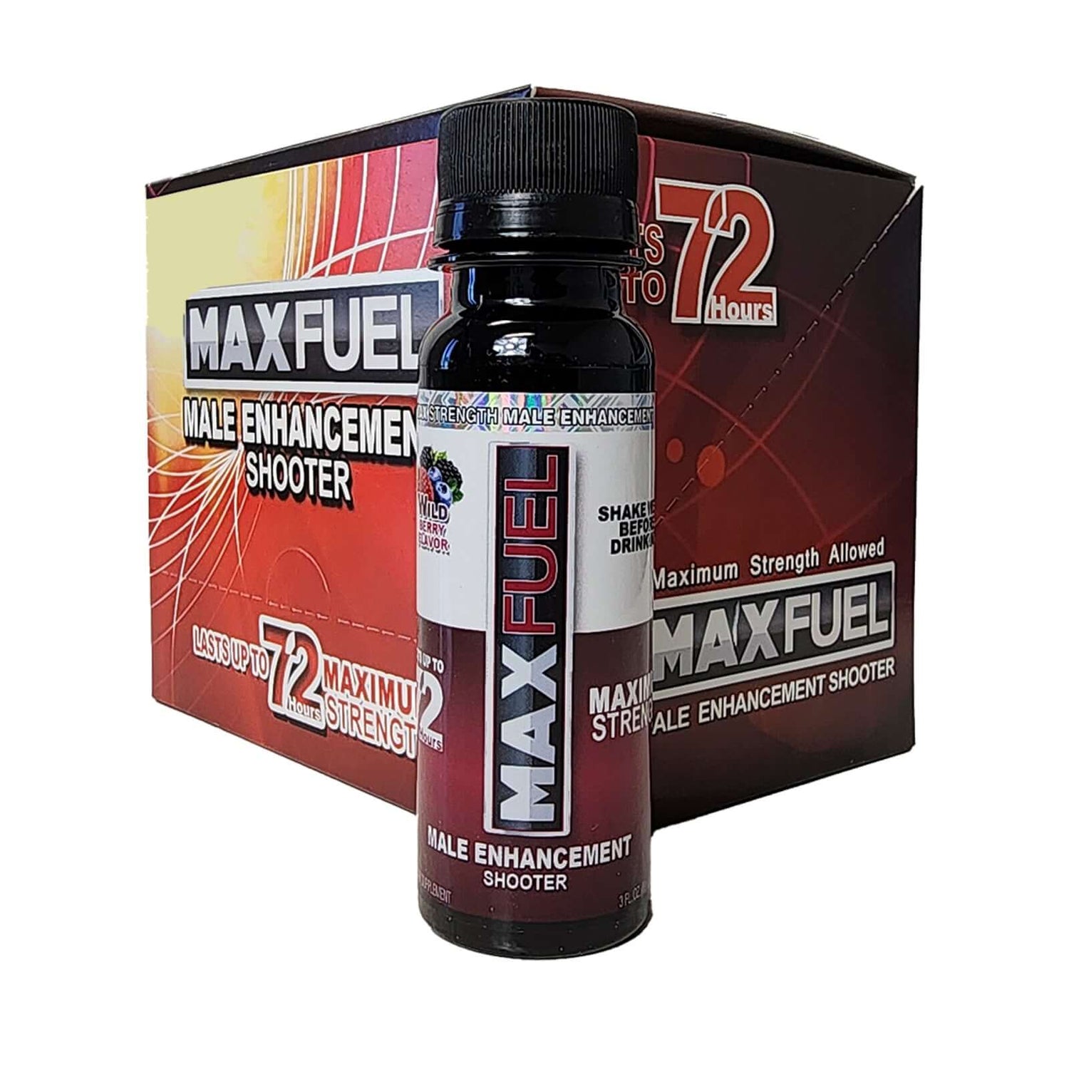 MaxFuel Wild Berry Male Enhancement Shooter bottle next to display box for improved stamina and performance.