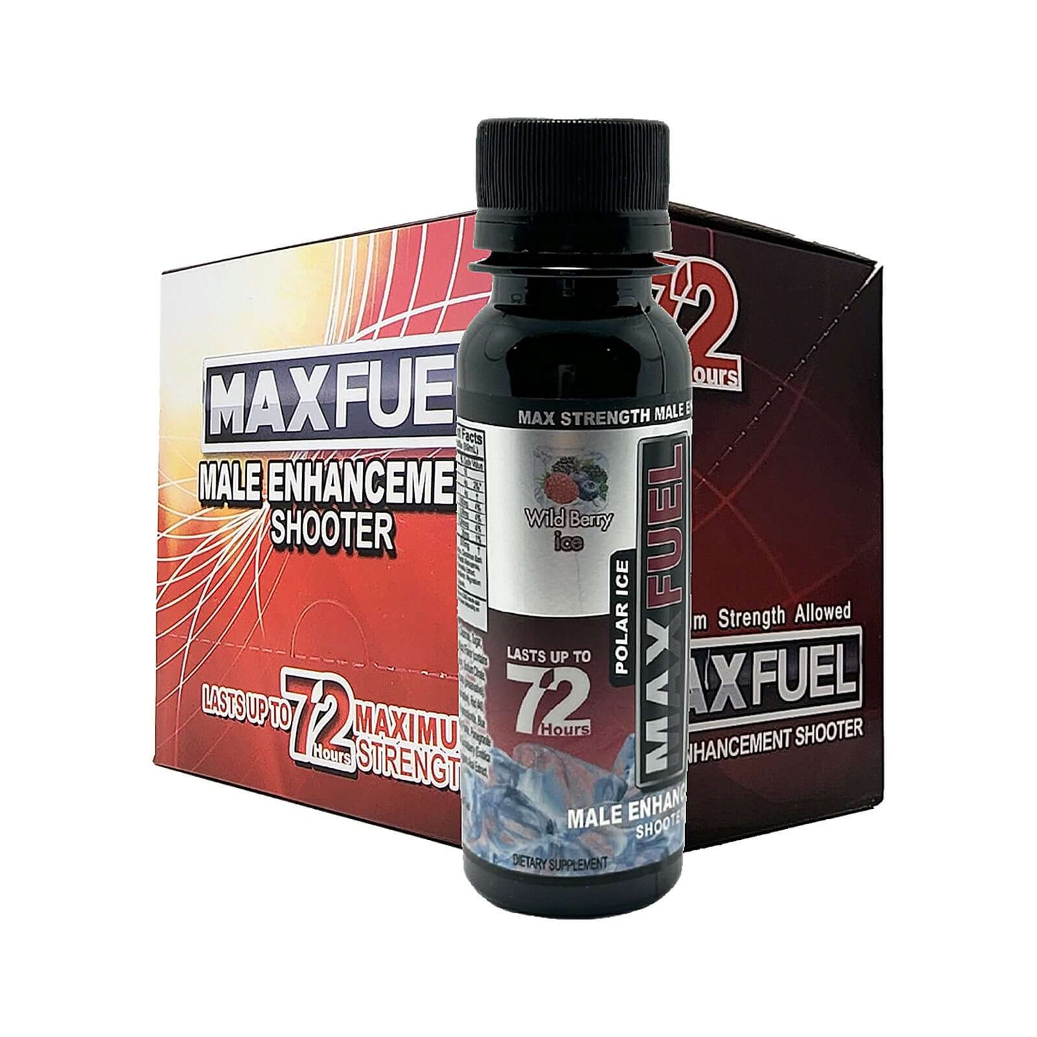 MaxFuel Polar Ice Male Enhancement Shooter in Wild Berry Ice flavor, displayed with 12 bottles in box.