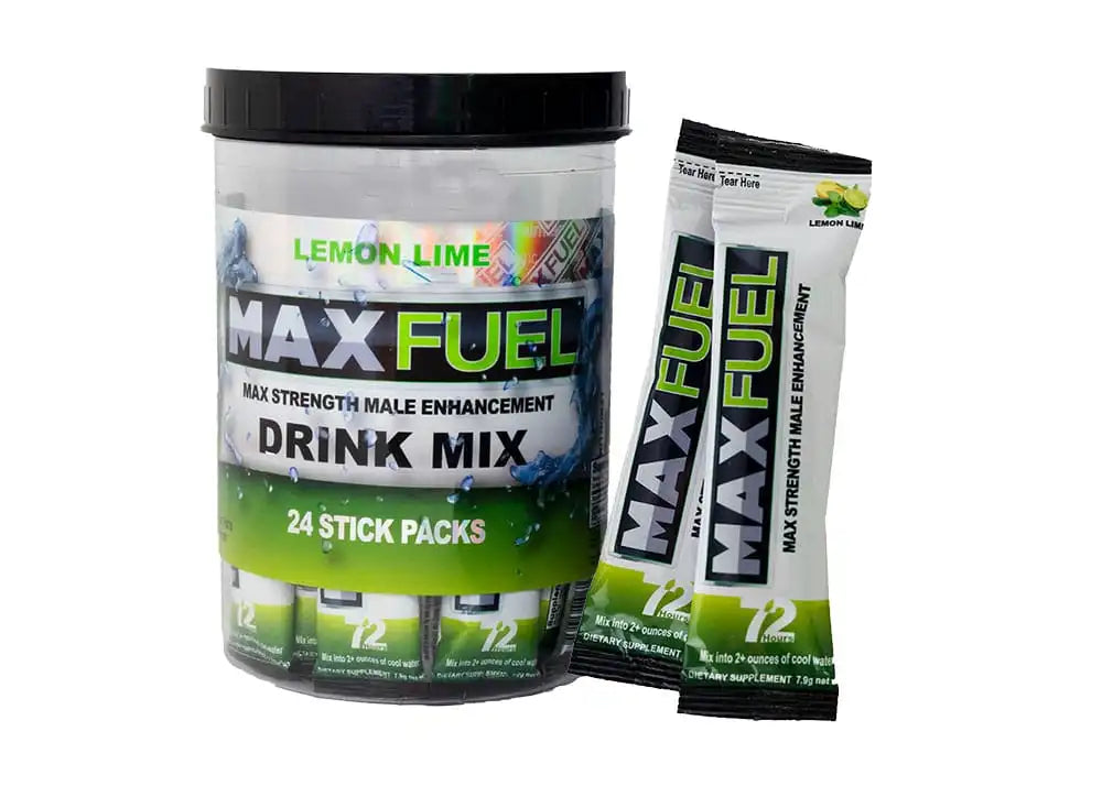 MaxFuel Lemon Lime Drink Mix container with 24 stick packs for male enhancement, caffeine-free and portable.