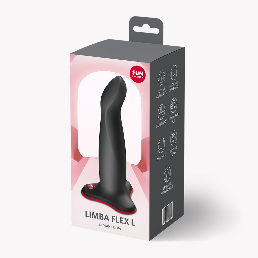 Fun Factory Limba Flex L Bendable Dildo Black packaging showing product features and design.