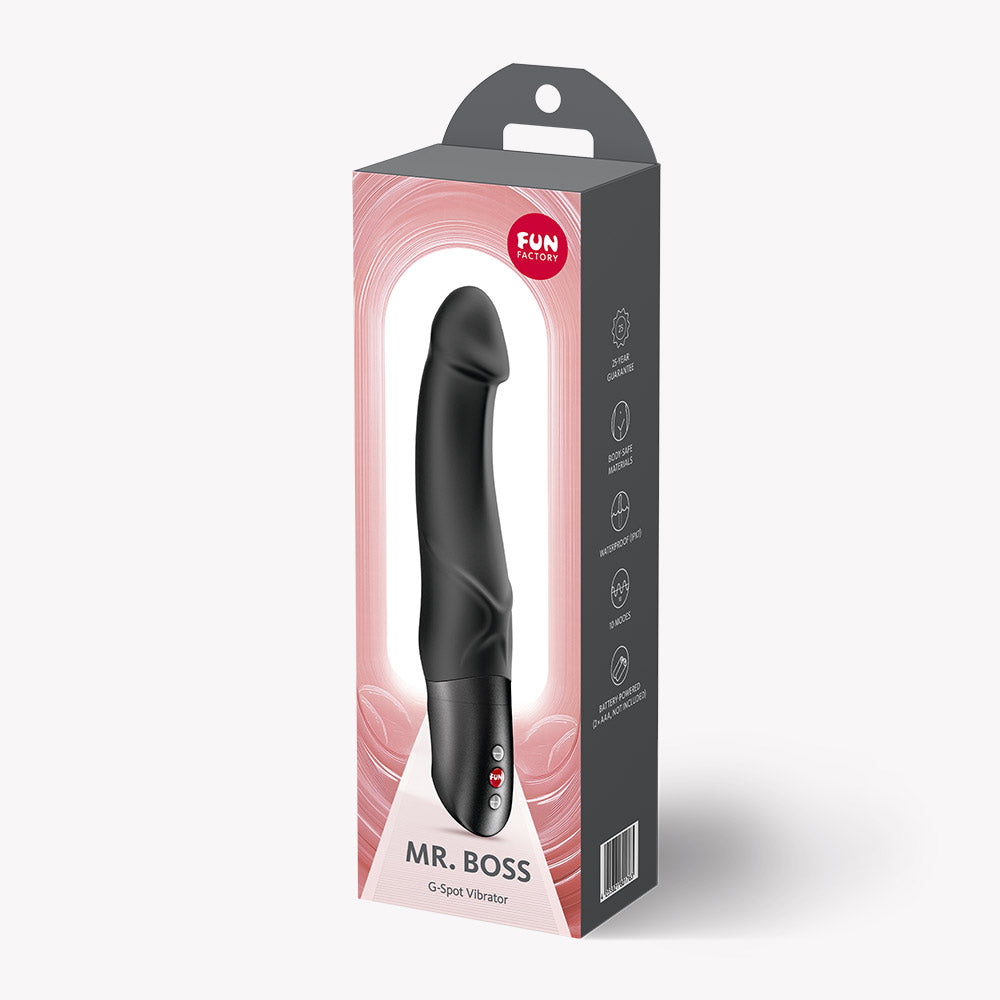 Fun Factory Mr Boss G-Spot Vibrator Black packaging with realistic design and features highlighted.