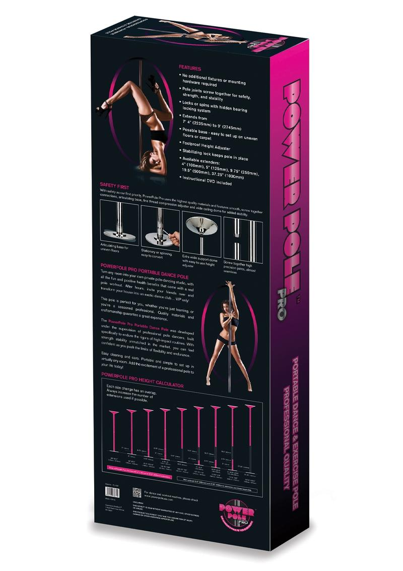 Power Pole Pro Spinning Dance Pole Silver packaging showcases features and benefits for home pole dancing.