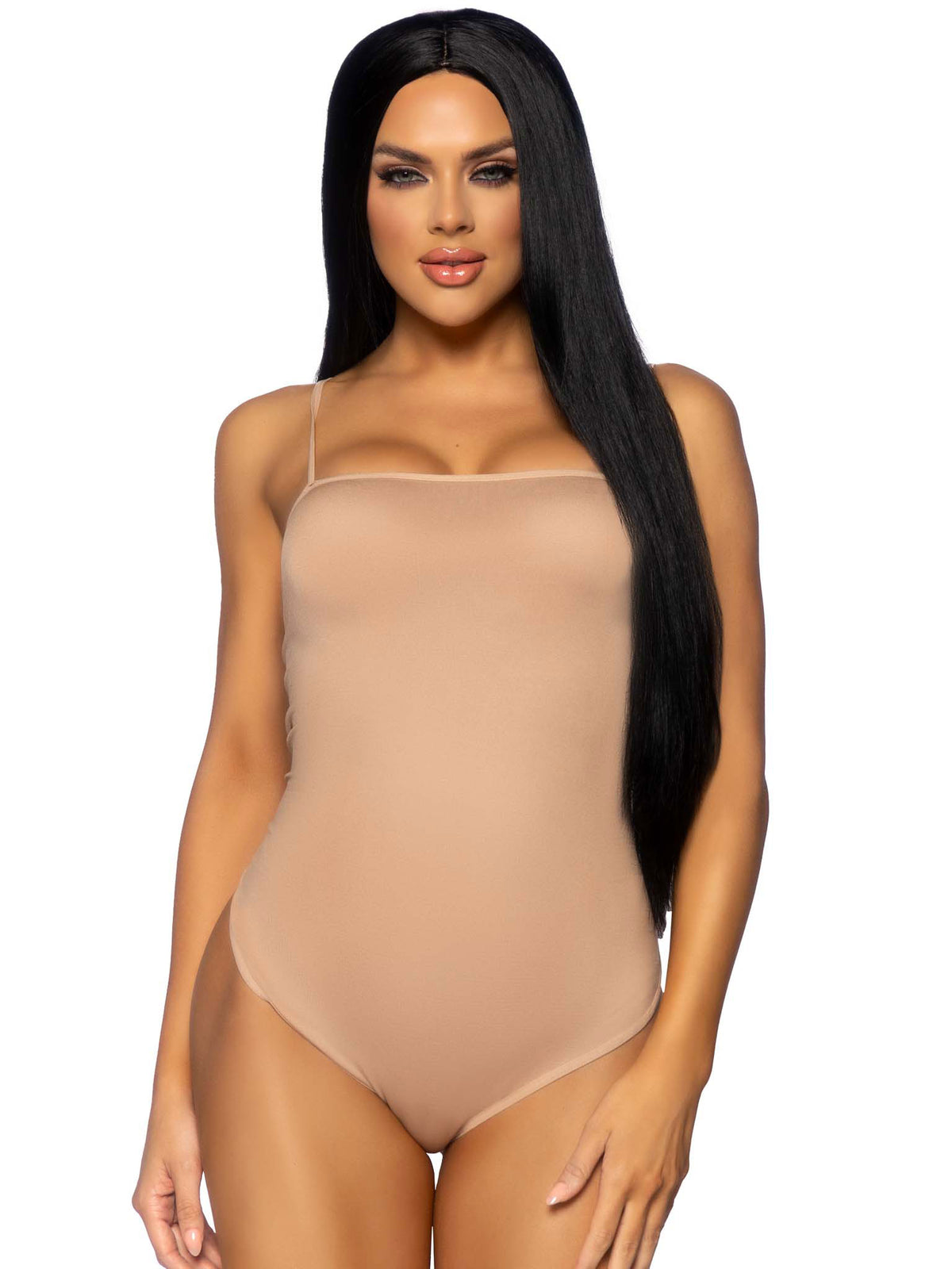 Model showcasing the Leg Avenue 33 Inch Long Straight Wig Black with a sleek, polished finish.