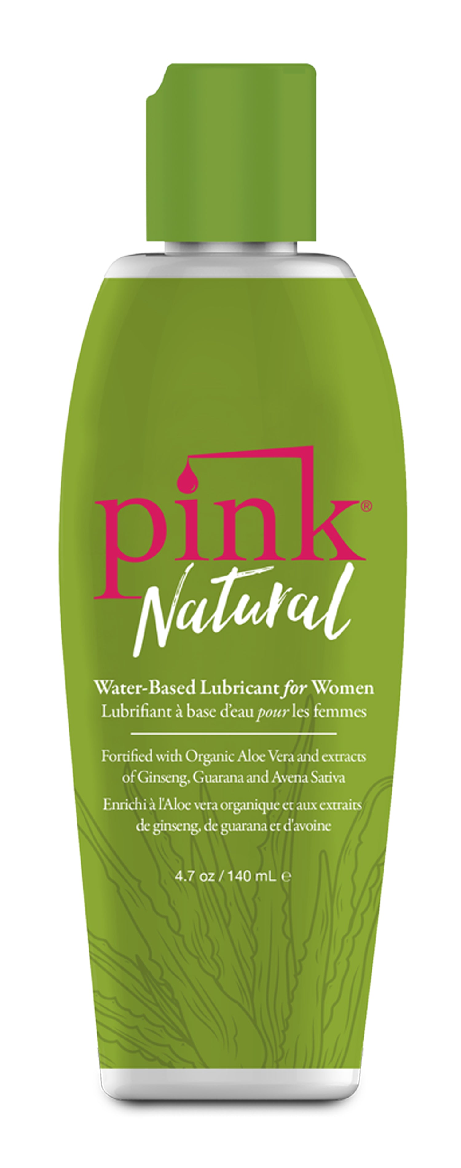 Pink Natural Water-based Lubricant for Women 4.7 Oz bottle with green label and pink text.