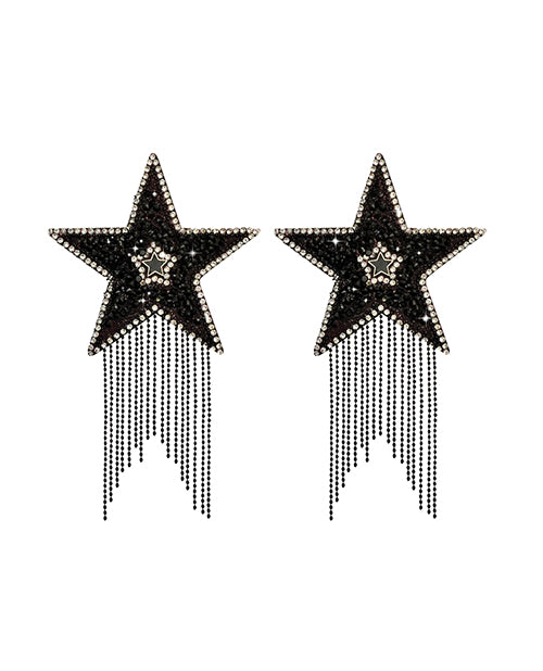 Neva Nude Jewel Crystal Tassel Star Silicone Pasties Black featuring star-shaped designs with crystal accents and tassels.