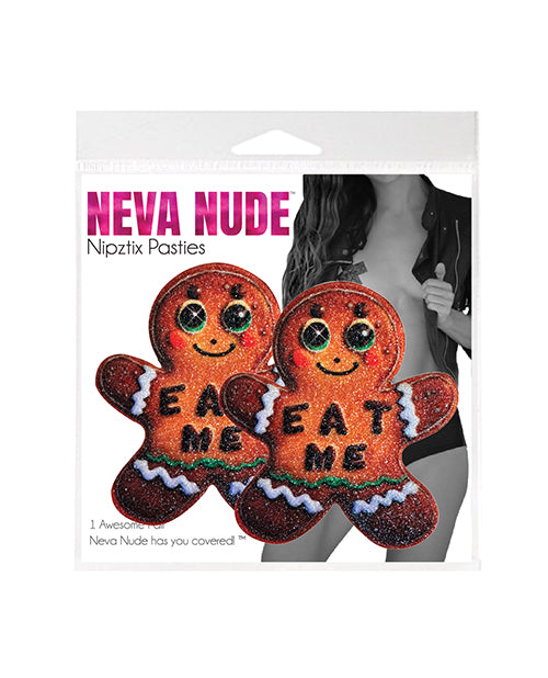 Neva Nude Yum Yum Gingerbread Man Glitter Pasties Brown in playful gingerbread design with 'EAT ME' text.