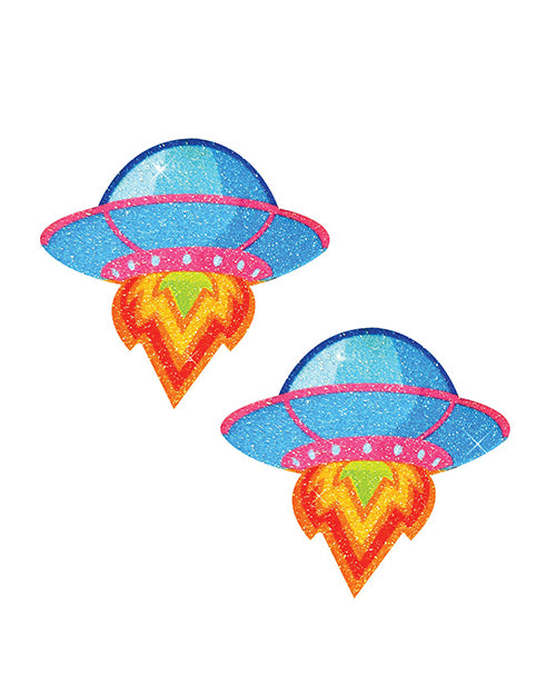 Neva Nude UFO Glitter Nipple Pasties Blue - handmade UFO-shaped nipple covers in sparkling glitter.