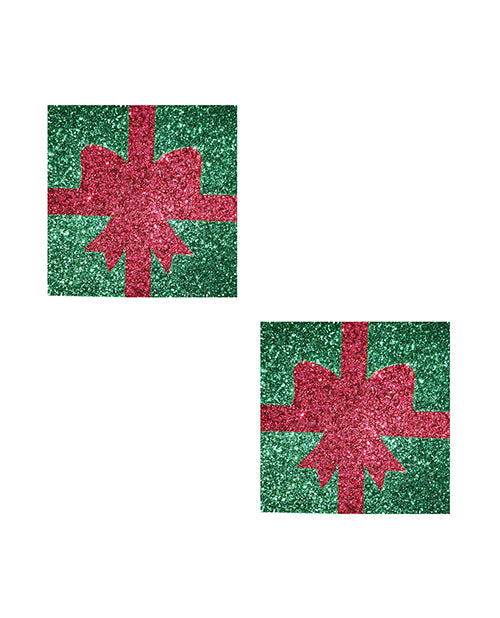 Neva Nude HO HO HO Christmas Gift Pasties Green and Red with glittery gift design, perfect for festive occasions.