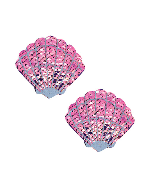 Neva Nude Sequin Mermaid Shell Pasties Iridescent Pink in pink sequin seashell shape.