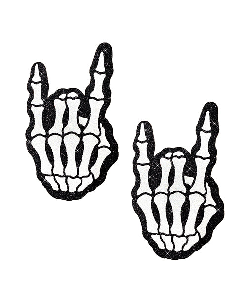 Neva Nude Rock On Skeleton Glitter Pasties featuring shimmering skeleton designs for edgy fashion.