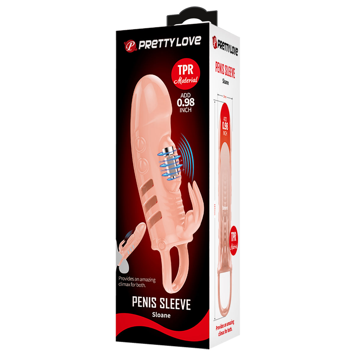 Pretty Love Penis Sleeve Sloane Flesh packaging featuring a vibrating rabbit-style sleeve for enhanced pleasure.