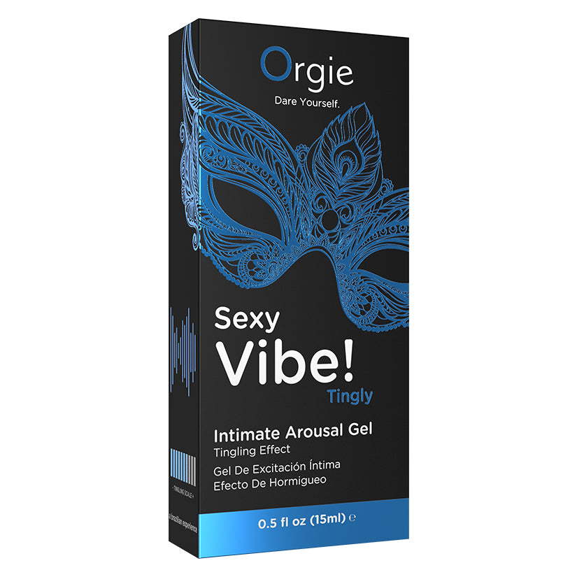 Orgie Sexy Vibe Intimate Arousal Gel 0.5 Oz packaging with a blue mask design, promoting a tingling effect.