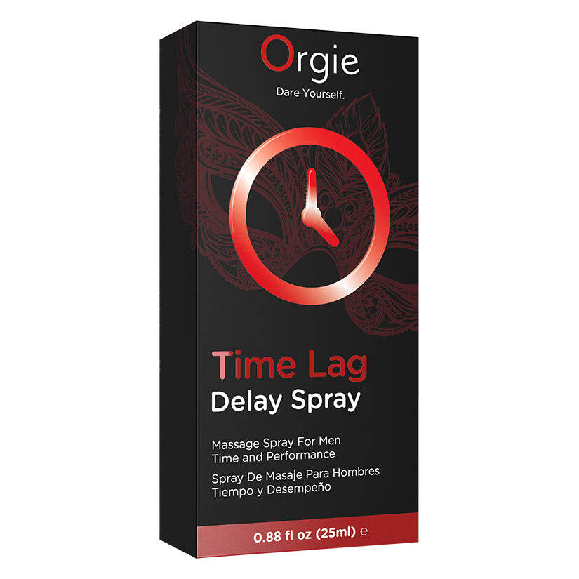 Orgie Time Lag Delay Spray 0.88 Oz packaging featuring a clock symbol for enhanced performance control.