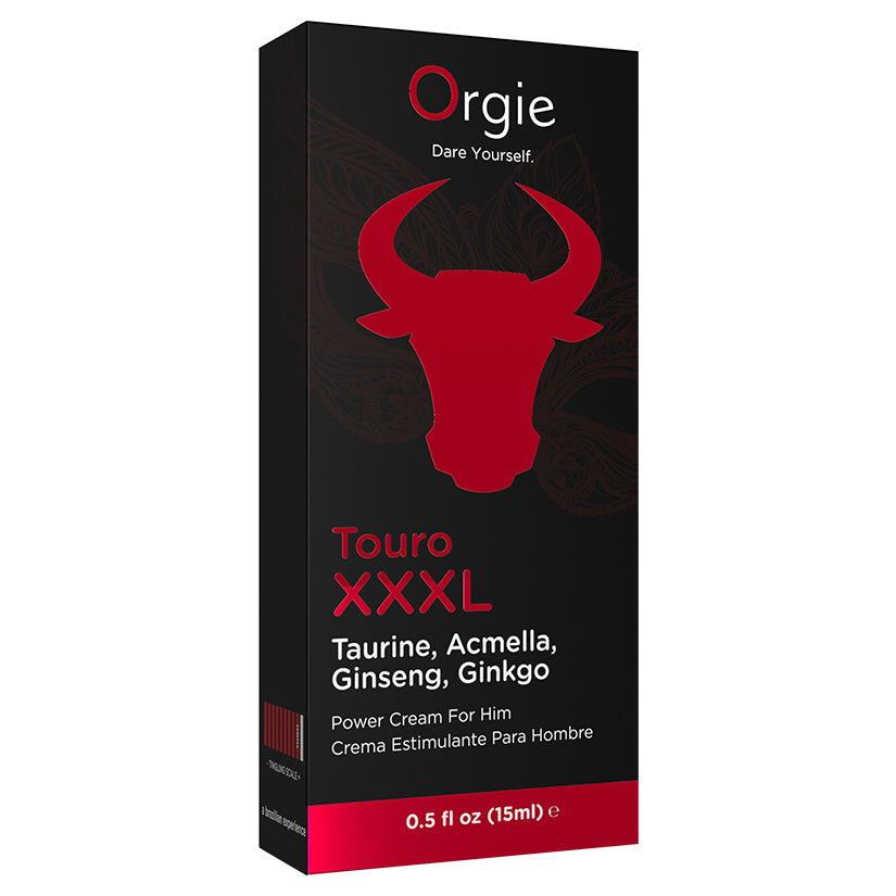 Orgie Touro XXXL Power Cream For Him 0.5 Oz packaging featuring taurine, acmella, ginseng, and ginkgo extract.