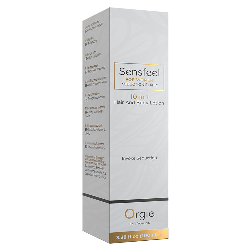 Orgie Sensfeel For Woman Seduction Elixir Hair & Body Lotion 3.38 Oz packaging with hydrating benefits and alluring scent.