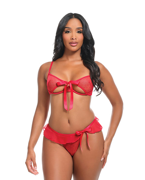 Oh La La Cheri Aubrielle Mesh Bra and Thong Set Red XL displayed on model, featuring polka dot mesh and satin ties.