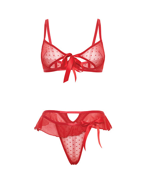 Oh La La Cheri Aubrielle Mesh Bra and Thong Set Red XL featuring polka dot mesh and playful satin tie.