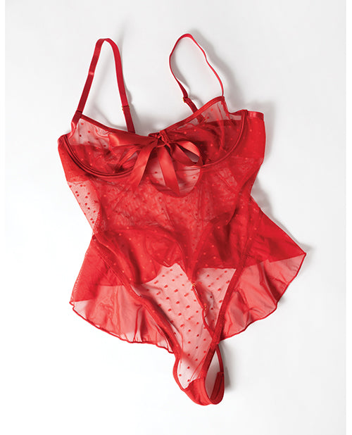 Aubrielle Polka Dot Mesh Underwire Teddy Red 1X featuring sheer mesh, open-cup design, and playful polka dots.