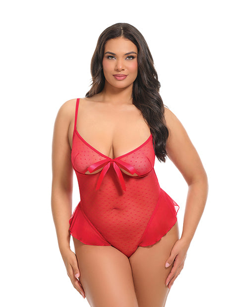 Aubrielle Polka Dot Mesh Underwire Teddy Red 2X featuring sheer mesh and ruffle trim for a flirty, confident look.