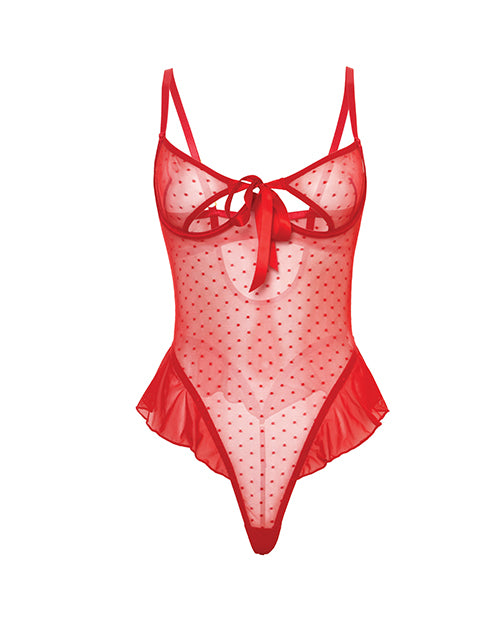 Aubrielle Polka Dot Mesh Underwire Teddy Red 2X featuring sheer texture and ruffled trim for a flirty look.