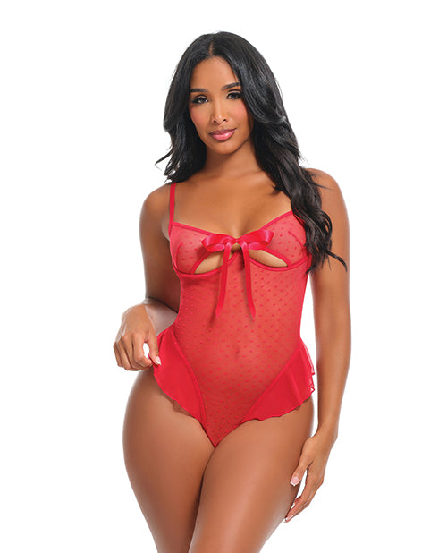 Aubrielle Polka Dot Mesh Underwire Teddy Red Large featuring sheer polka dot mesh and ruffle trim for a flirtatious look.