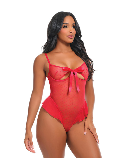 Aubrielle Polka Dot Mesh Underwire Teddy Red Large featuring sheer fabric and ruffle trim, perfect for a flirtatious look.