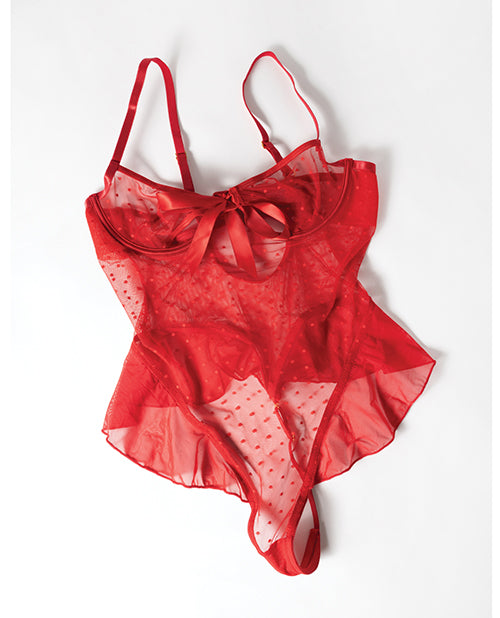 Aubrielle Polka Dot Mesh Underwire Teddy Red Large featuring sheer texture, ruffle trim, and unlined open cups.