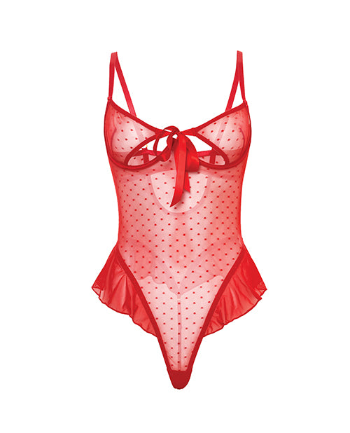 Aubrielle Polka Dot Mesh Underwire Teddy Red Large featuring sheer polka dot mesh and ruffle trim.