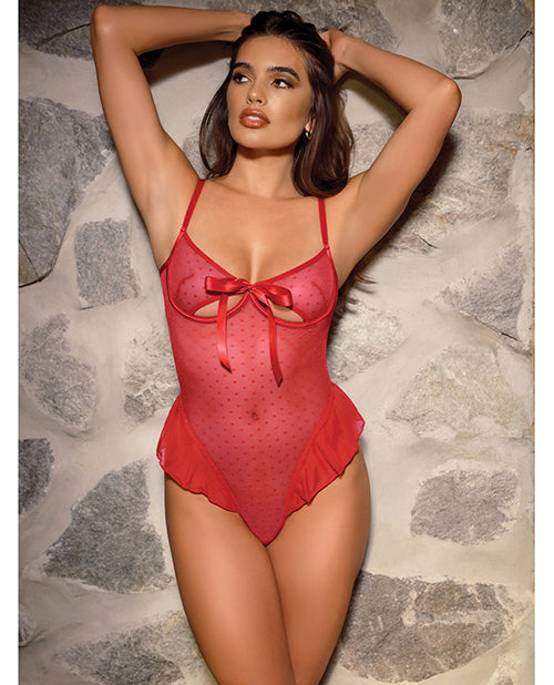 Aubrielle Polka Dot Mesh Underwire Teddy Red Large showcasing sheer texture and flirtatious silhouette with ruffle trim.