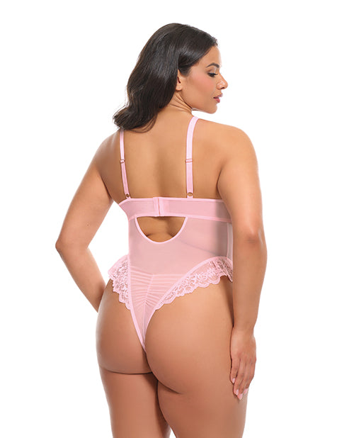 Oh La La Cheri Forever Valentine Lace Teddy Pink 1X/2X back view, featuring lace detailing and a cheeky cut.