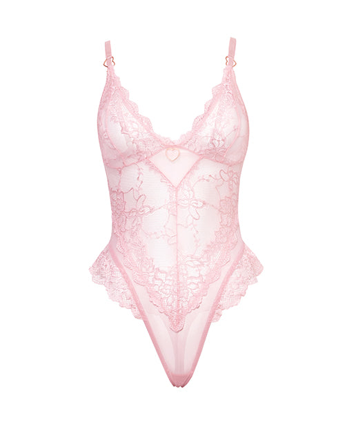 Oh La La Cheri Forever Valentine Lace Teddy Pink 1X/2X featuring delicate lace and satin bow accents.