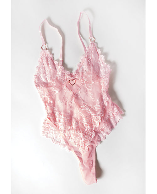 Forever Valentine Soft Cup Lace Teddy with Bows Pink 3X/4X featuring delicate lace and charming heart detail.