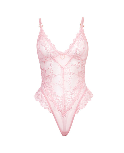 Oh La La Cheri Forever Valentine Lace Teddy Pink Large showcasing delicate lace and soft mesh with a satin bow accent.
