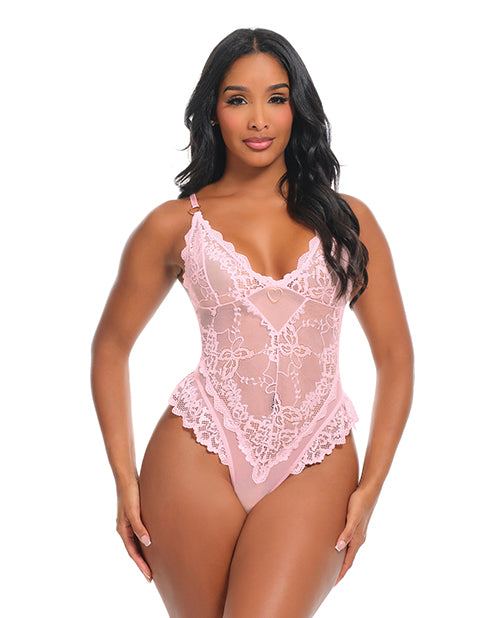 Oh La La Cheri Forever Valentine Lace Teddy Pink XL in sheer lace with heart detail, perfect for Valentine's Day.