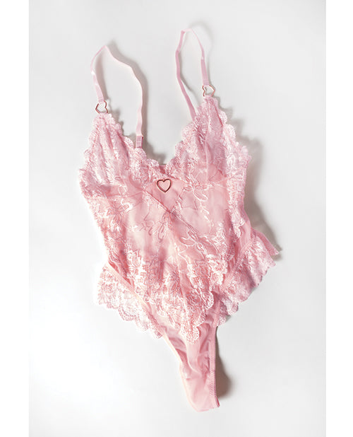 Oh La La Cheri Forever Valentine Lace Teddy Pink XL featuring delicate lace, soft mesh, and a charming heart detail.