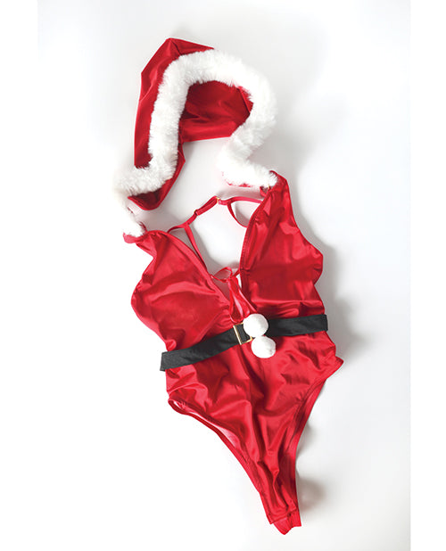 Holiday Soft Cup Satin Teddy with Hood Red and White L/XL with festive red satin and playful details.