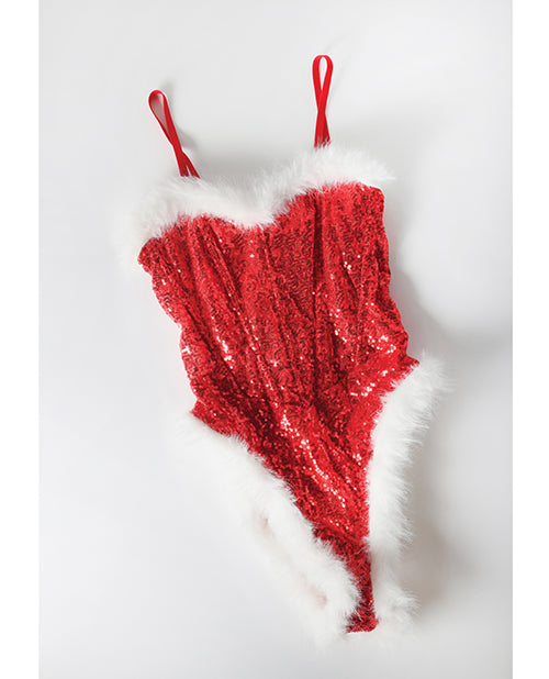 Holiday Sparkle Strapless Boned Sequin Teddy Red White 1X with sequins and marabou trim for festive celebrations.