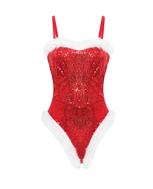 Holiday Sparkle Strapless Boned Sequin Teddy Red White 1X with sequins and marabou trim for festive celebrations.